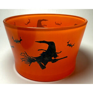 Vintage Hazel Atlas Halloween Orange Witch Broom Bat Glass Ice Bucket Candy Bowl